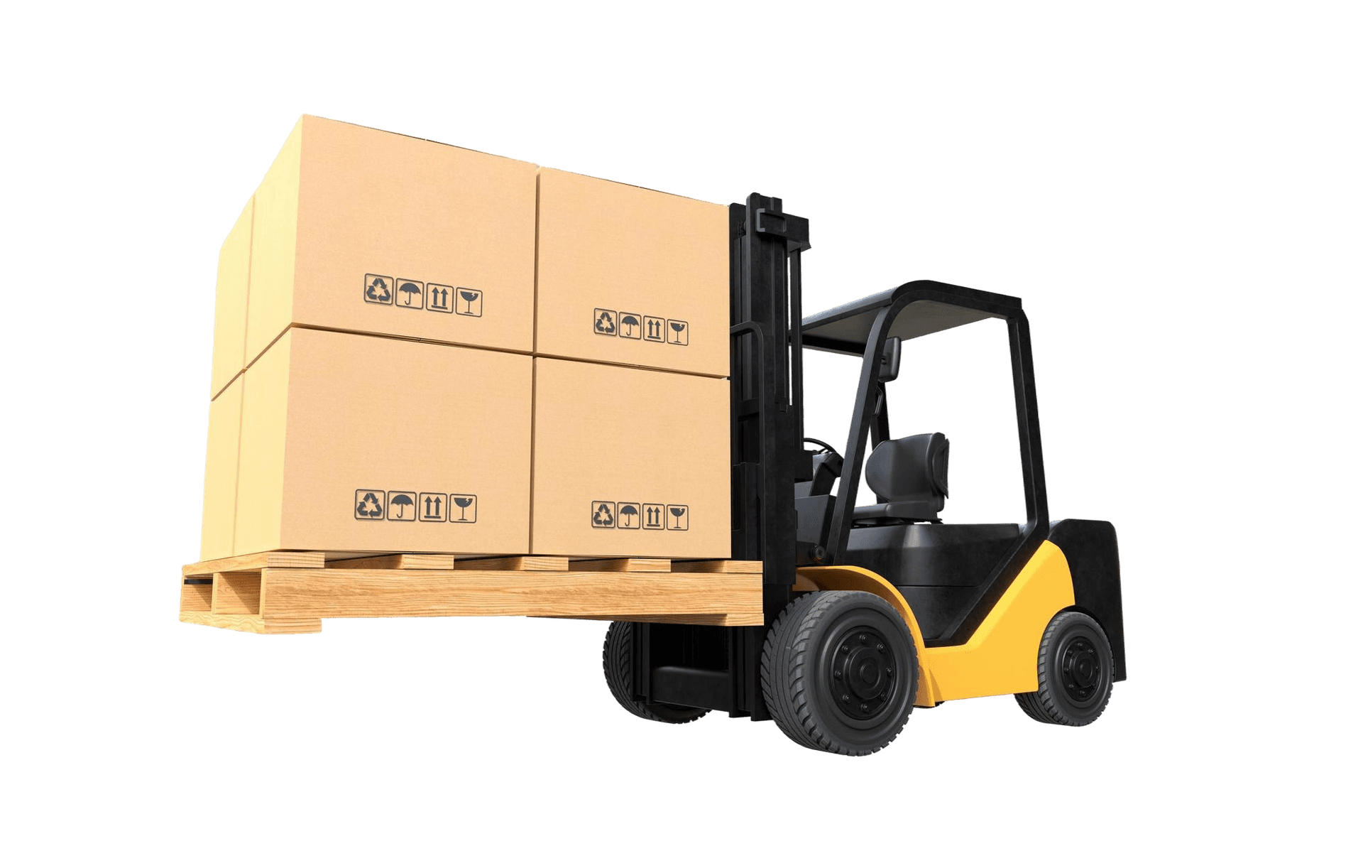Forklift lifting a pallet of labeled cargo boxes on the RA floor